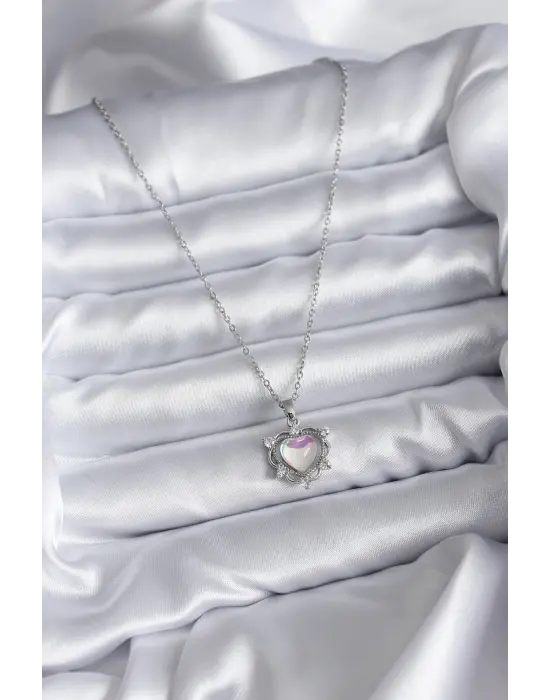  Zincir Gümüş  Kalp Model  Çelik Kolye
