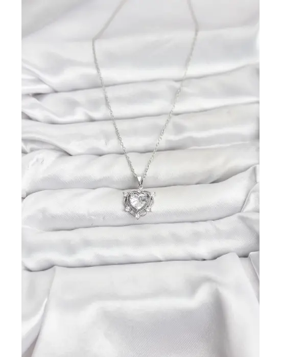316L Çelik Zincir Gümüş Renk Kalp Model Zirkon Taşlı Kadın Kolye