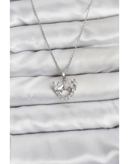 316L Çelik Zincir Gümüş Renk Kalp ve Fiyonk Model Zirkon Taşlı Kadın Kolye