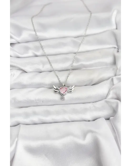 316L Çelik Zincir Gümüş Renk Kanatlı Kalp Model Zirkon Taşlı Kadın Kolye