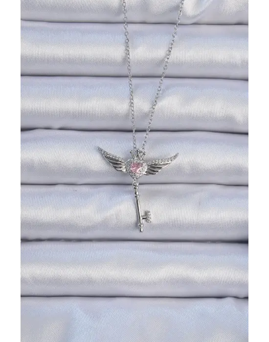  Zincir Gümüş  Kanatlı Pembe Zirkon Taşlı Anahtar Kalp Çelik Kolye