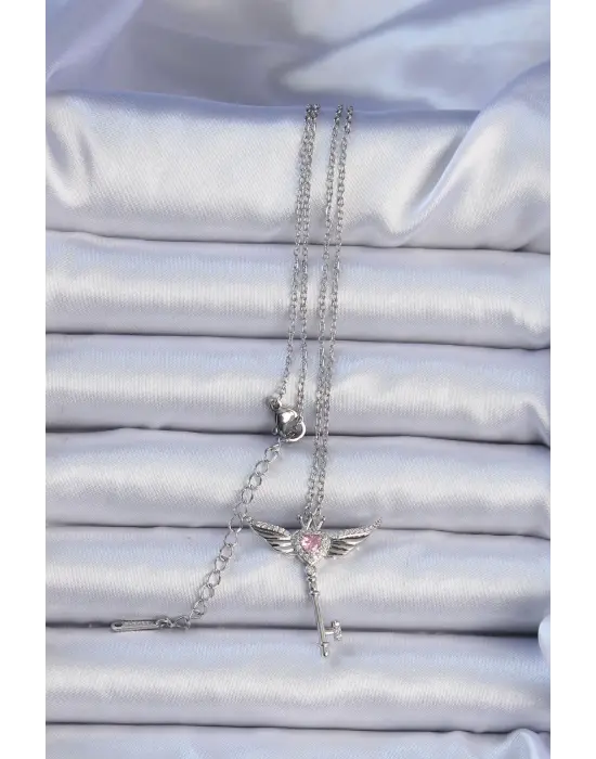  Zincir Gümüş  Kanatlı Pembe Zirkon Taşlı Anahtar Kalp Çelik Kolye