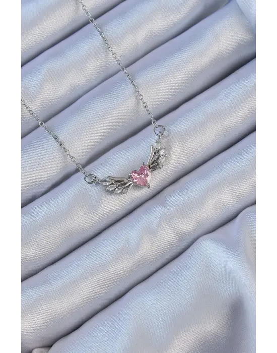  Zincir Gümüş  Kanatlı Pembe Zirkon Taşlı Kalp Çelik Kolye