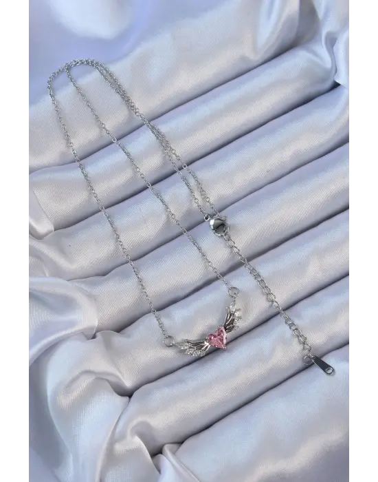  Zincir Gümüş  Kanatlı Pembe Zirkon Taşlı Kalp Çelik Kolye