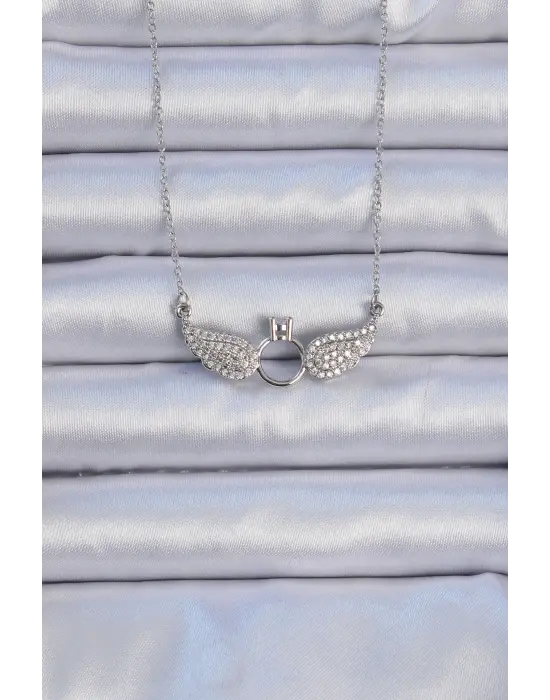  Zincir Gümüş  Kanatlı Tektaş Çelik Kolye