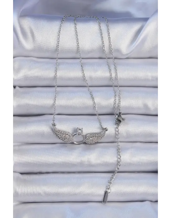  Zincir Gümüş  Kanatlı Tektaş Çelik Kolye