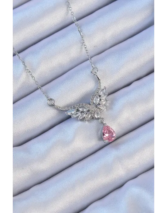  Zincir Gümüş  Kanatlı Zirkon Taş Figür Pembe Taşlı Damla Çelik Kolye