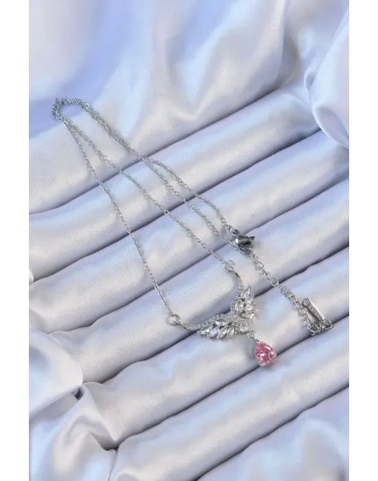  Zincir Gümüş  Kanatlı Zirkon Taş Figür Pembe Taşlı Damla Çelik Kolye