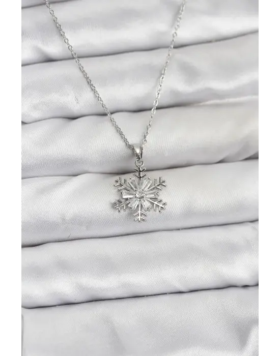 316L Çelik Zincir Gümüş Renk Kar Tanesi Model Zirkon Taşlı Kadın Kolye