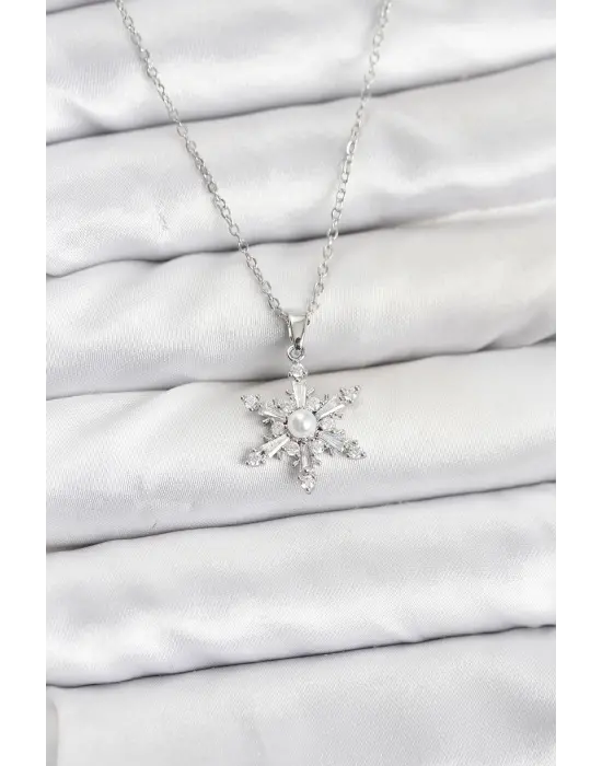 316L Çelik Zincir Gümüş Renk Kar Tanesi Model Zirkon Taşlı Kadın Kolye