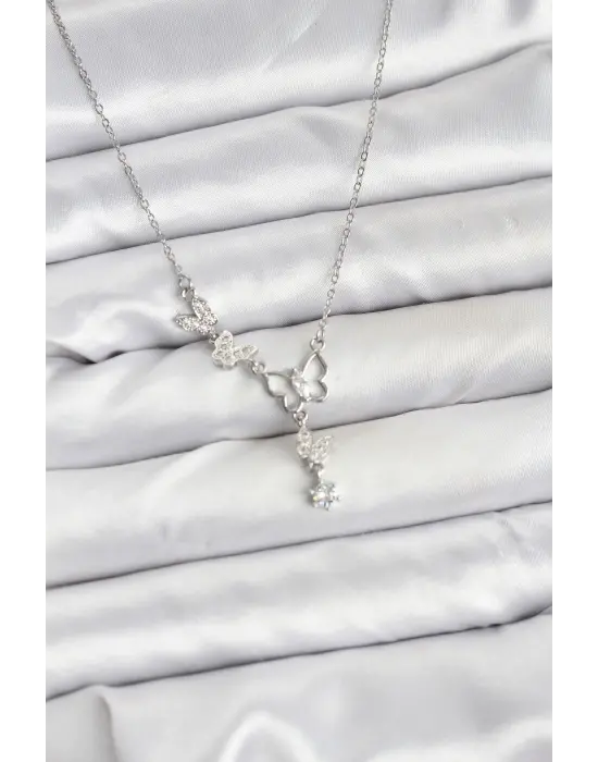 316L Çelik Zincir Gümüş Renk Kelebek Model Kadın Kolye