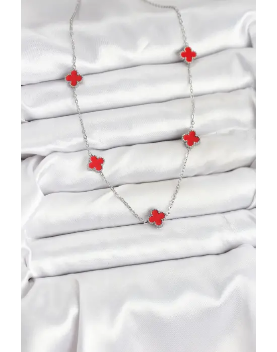 316L Çelik Zincir Gümüş Renk Kırmızı Baby Boy Yonca Kadın Kolye