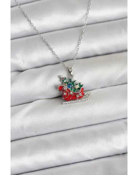 316L Çelik Zincir Gümüş Renk Kızak ve Çam Ağacı Figürlü Yılbaşı Temalı Kadın Kolye