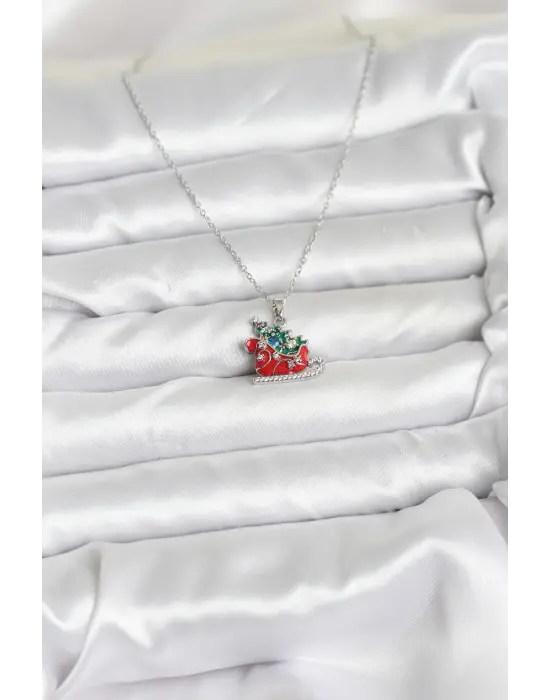 316L Çelik Zincir Gümüş Renk Kızak ve Çam Ağacı Figürlü Yılbaşı Temalı Kadın Kolye