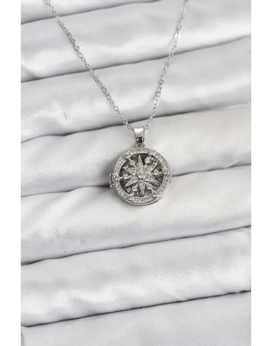 316L Çelik Zincir Gümüş Renk Kutup Yıldızı Kapaklı Model Kadın Kolye