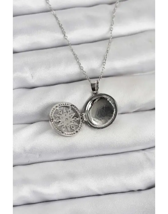 316L Çelik Zincir Gümüş Renk Kutup Yıldızı Kapaklı Model Kadın Kolye