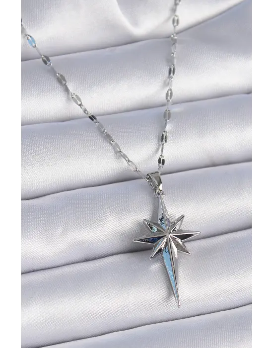  Zincir Gümüş  Kutup Yıldızı Model  Çelik Kolye
