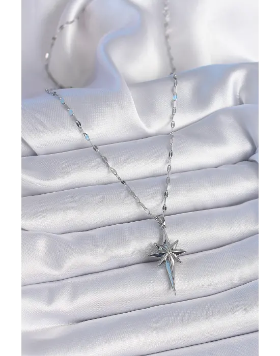  Zincir Gümüş  Kutup Yıldızı Model  Çelik Kolye