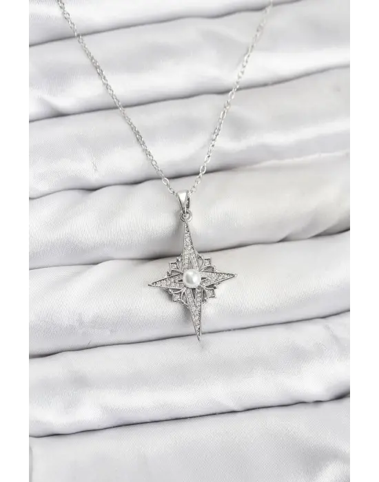 316L Çelik Zincir Gümüş Renk Kutup Yıldızı Model Zirkon Taşlı Kadın Kolye