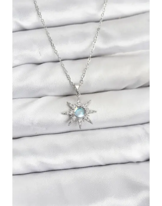 316L Çelik Zincir Gümüş Renk Kutup Yıldızı Model Zirkon Taşlı Kadın Kolye