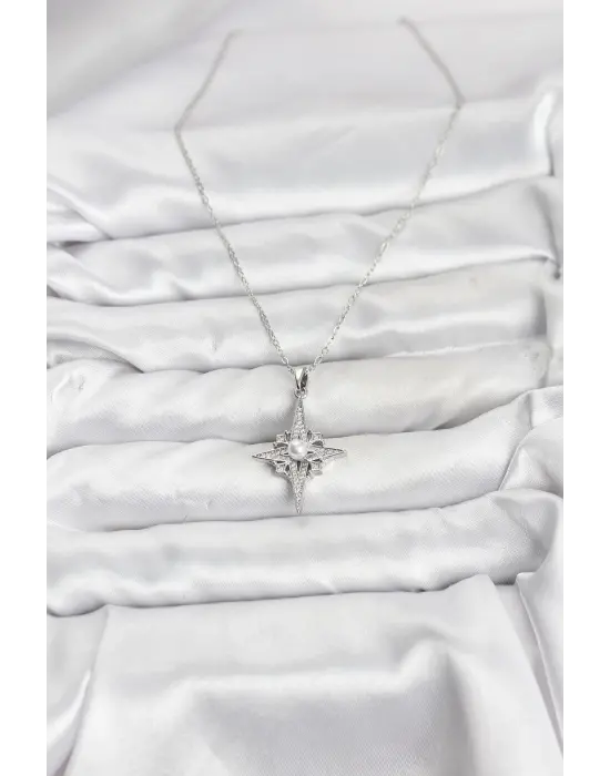 316L Çelik Zincir Gümüş Renk Kutup Yıldızı Model Zirkon Taşlı Kadın Kolye