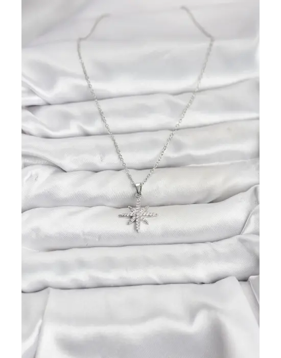 316L Çelik Zincir Gümüş Renk Kutup Yıldızı Model Zirkon Taşlı Kadın Kolye