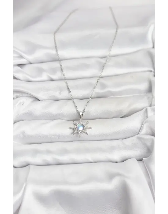 316L Çelik Zincir Gümüş Renk Kutup Yıldızı Model Zirkon Taşlı Kadın Kolye