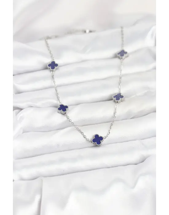 316L Çelik Zincir Gümüş Renk Lacivert Baby Boy Yonca Kadın Kolye