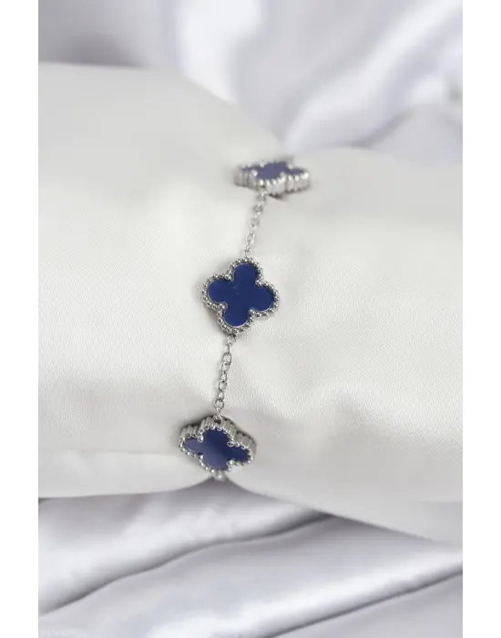 316L Çelik Zincir Gümüş Renk Lacivert Yonca Kadın Bileklik