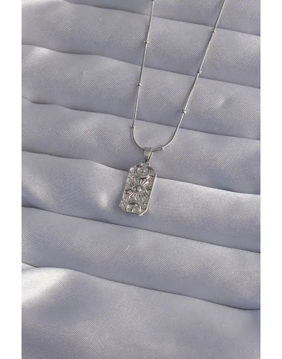  Zincir Gümüş  Lazer İşlemeli Göz Figürlü Tarot Çelik Kolye