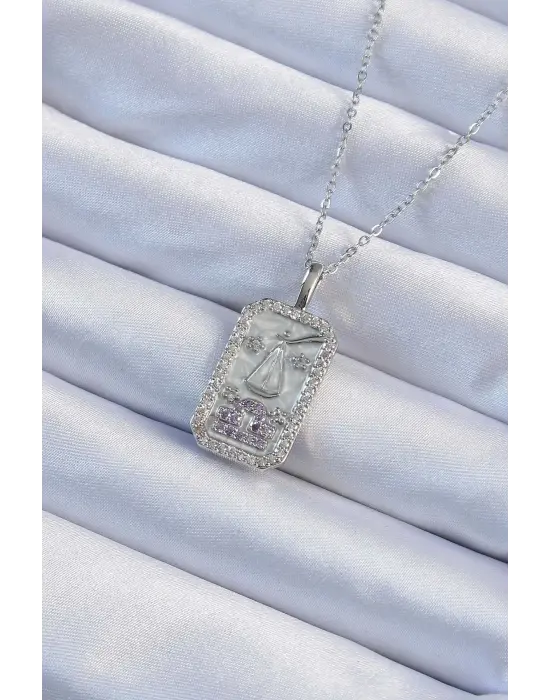  Zincir Gümüş  Lila Zirkon Taşlı Tarot Çelik Kolye