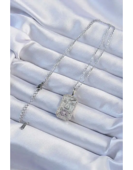  Zincir Gümüş  Lila Zirkon Taşlı Tarot Çelik Kolye