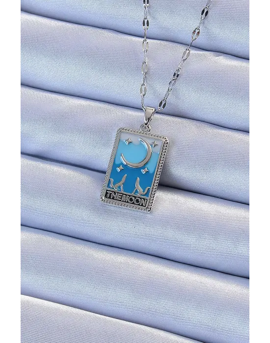  Zincir Gümüş  Mavi Mineli Ay Figür Tarot Çelik Kolye