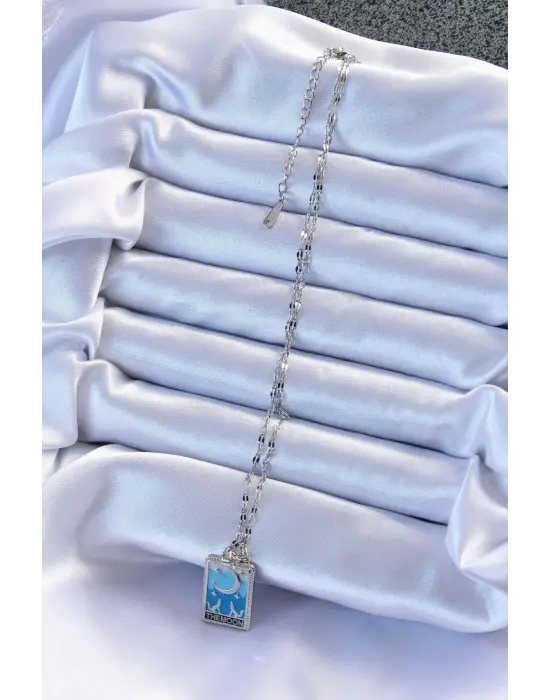  Zincir Gümüş  Mavi Mineli Ay Figür Tarot Çelik Kolye
