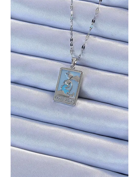  Zincir Gümüş  Mavi Mineli Tarot Çelik Kolye