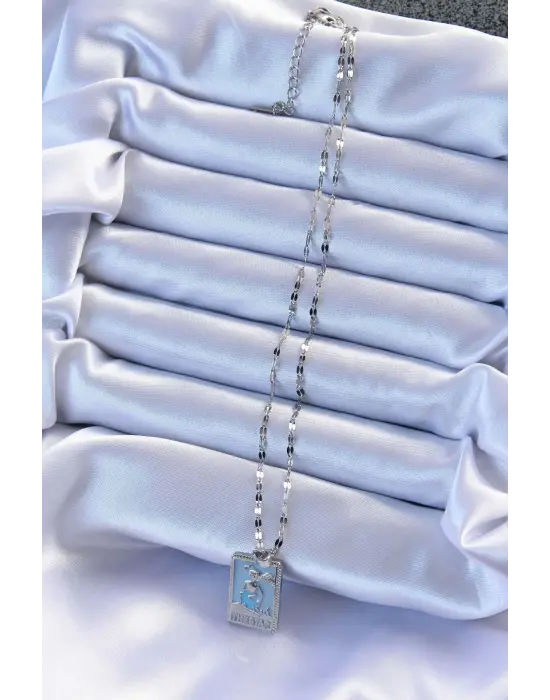  Zincir Gümüş  Mavi Mineli Tarot Çelik Kolye