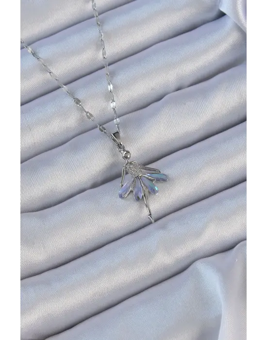  Zincir Gümüş  Mavi Mor Zirkon Taşlı Balerin Çelik Kolye