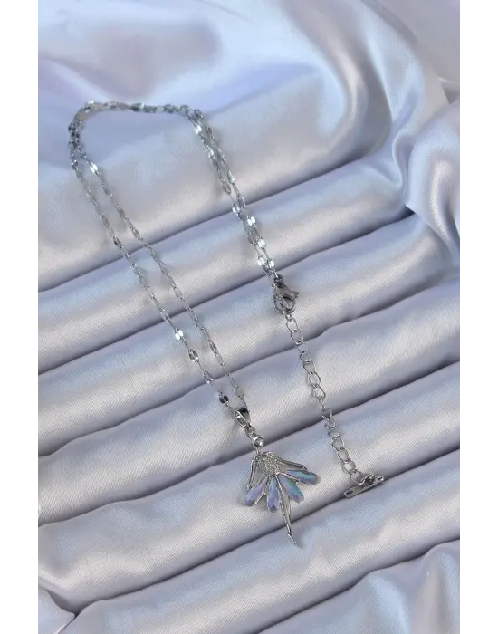  Zincir Gümüş  Mavi Mor Zirkon Taşlı Balerin Çelik Kolye