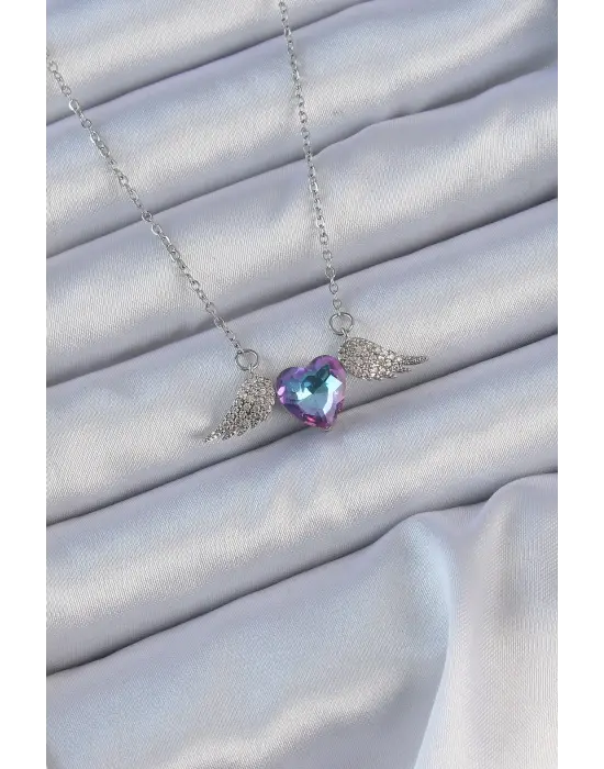  Zincir Gümüş  Mavi Mor Zirkon Taşlı Kanatlı Kalp Çelik Kolye