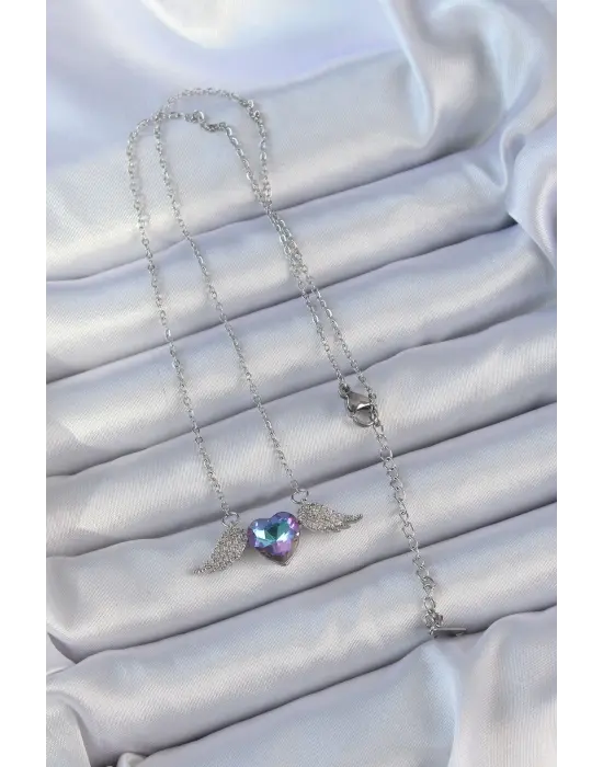  Zincir Gümüş  Mavi Mor Zirkon Taşlı Kanatlı Kalp Çelik Kolye