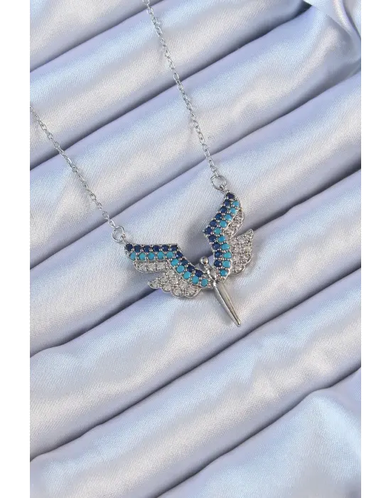  Zincir Gümüş  Mavi Zirkon Taşlı Mikail Meleği Çelik Kolye