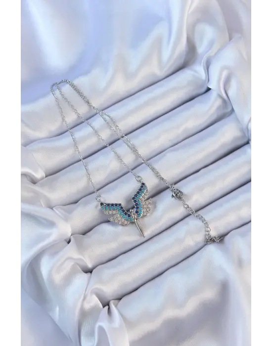  Zincir Gümüş  Mavi Zirkon Taşlı Mikail Meleği Çelik Kolye