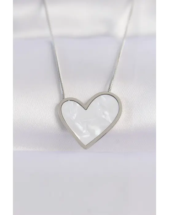  Zincir Gümüş  Mermer Desenli Kalp Çelik Kolye
