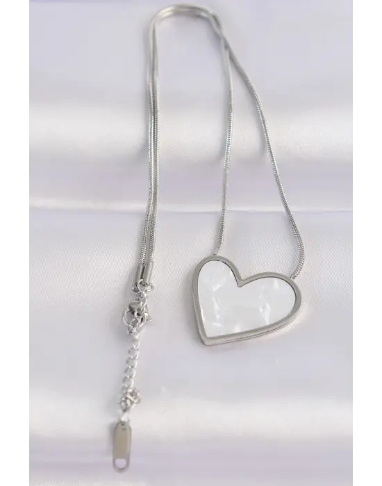  Zincir Gümüş  Mermer Desenli Kalp Çelik Kolye