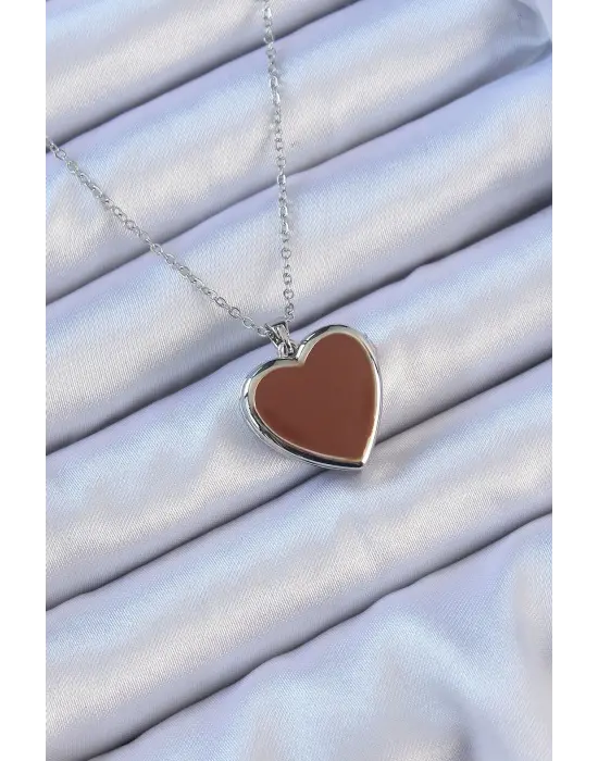  Zincir Gümüş  Mineli İçi Açılan Kalp Çelik Kolye