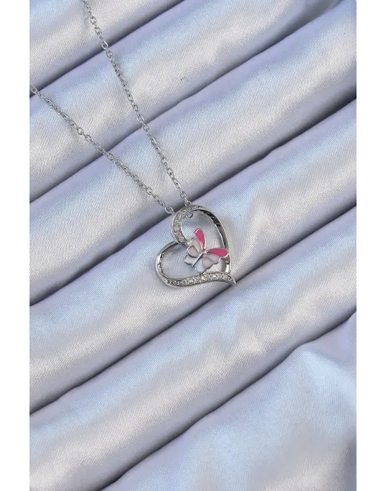  Zincir Gümüş  Mineli Kelebek Figür Zirkon Taşlı Kalp Çelik Kolye