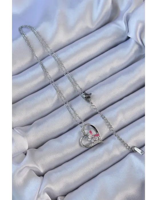  Zincir Gümüş  Mineli Kelebek Figür Zirkon Taşlı Kalp Çelik Kolye