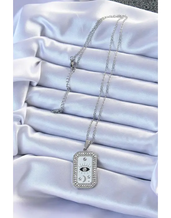  Zincir Gümüş  Mineli Zirkon Taşlı Göz Figür Tarot Çelik Kolye
