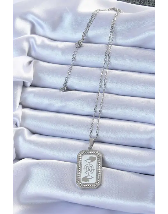  Zincir Gümüş  Mineli Zirkon Taşlı Göz Figür Tarot Çelik Kolye