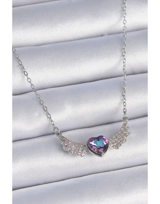  Zincir Gümüş  Mor Zirkon Taşlı Kanatlı Kalp Model  Çelik Kolye
